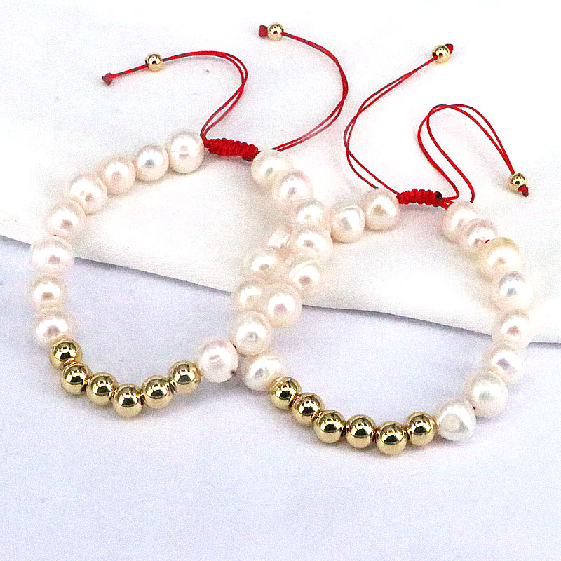 Retro Round Artificial Pearl rope Copper Beaded Gold Plated Bracelets 1 Piece