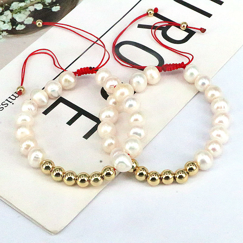 Retro Round Artificial Pearl rope Copper Beaded Gold Plated Bracelets 1 Piece