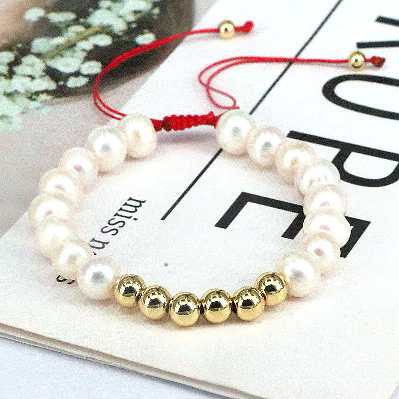 Retro Round Artificial Pearl rope Copper Beaded Gold Plated Bracelets 1 Piece