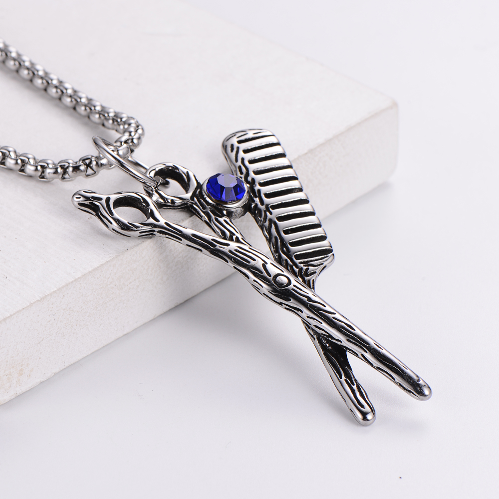 Punk Scissors COMD Stainless Steel Carving Rhinestones Pendant Necklace 1 Piece