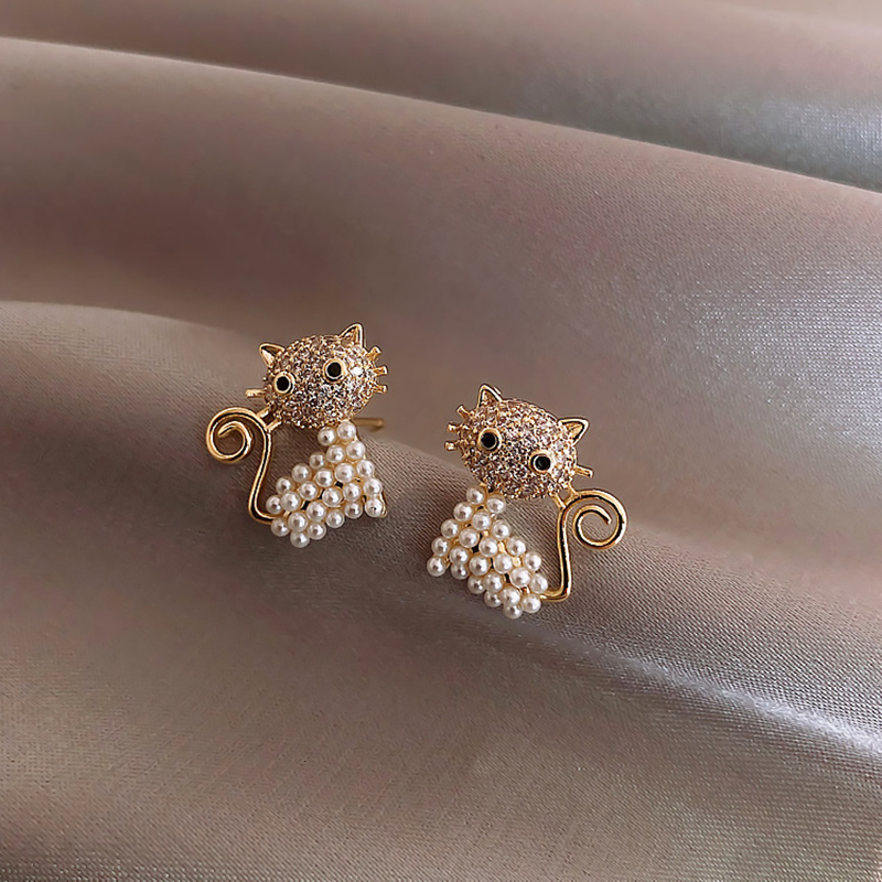 Cute Cat Alloy Inlay Artificial Pearls Rhinestones Womenu0027S Ear Studs 1 Pair