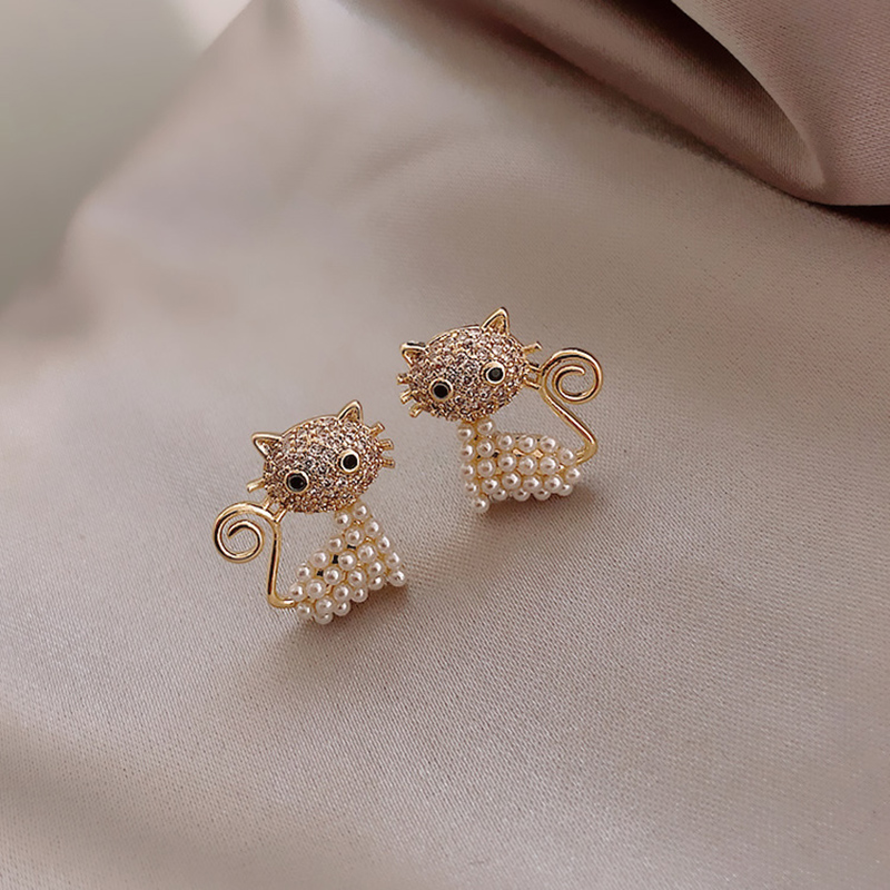 Cute Cat Alloy Inlay Artificial Pearls Rhinestones Womenu0027S Ear Studs 1 Pair