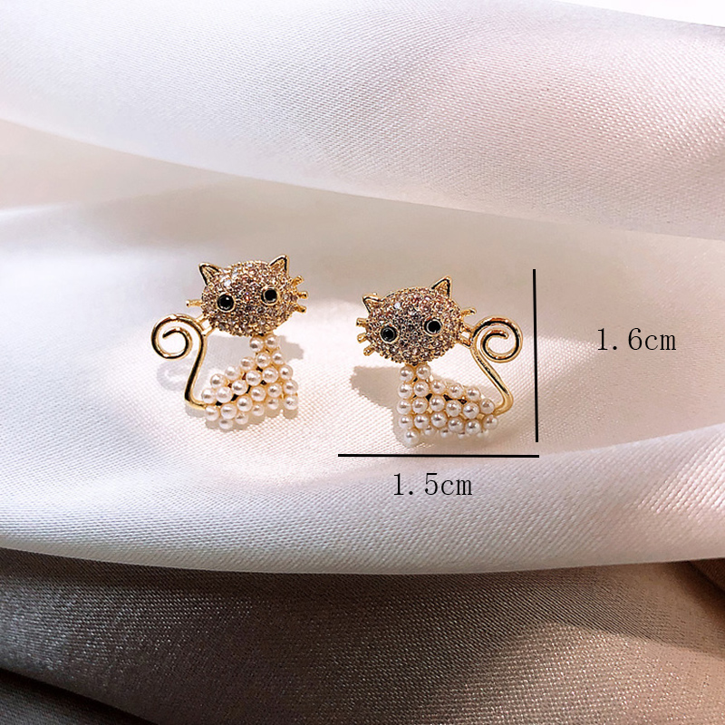 Cute Cat Alloy Inlay Artificial Pearls Rhinestones Womenu0027S Ear Studs 1 Pair