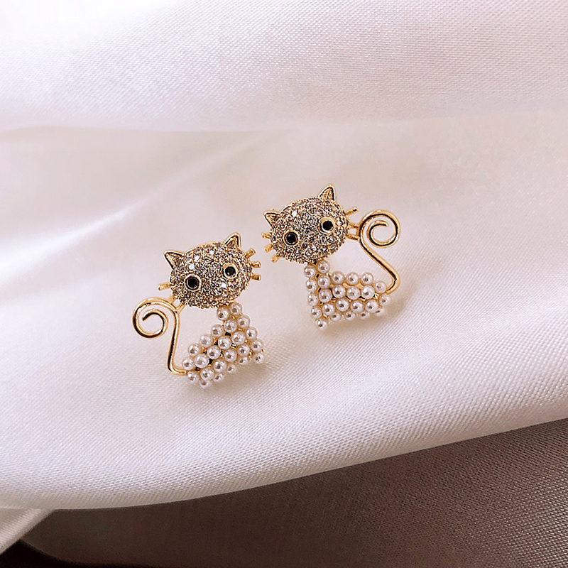 Cute Cat Alloy Inlay Artificial Pearls Rhinestones Womenu0027S Ear Studs 1 Pair