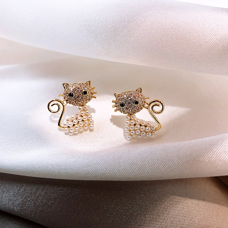 Cute Cat Alloy Inlay Artificial Pearls Rhinestones Womenu0027S Ear Studs 1 Pair