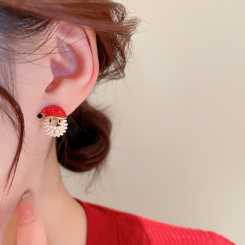 Cute Santa Claus Copper Gold Plated Artificial Pearls Rhinestones Ear Studs 1 Pair