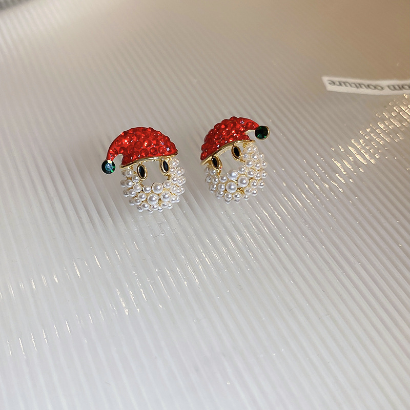 Cute Santa Claus Copper Gold Plated Artificial Pearls Rhinestones Ear Studs 1 Pair