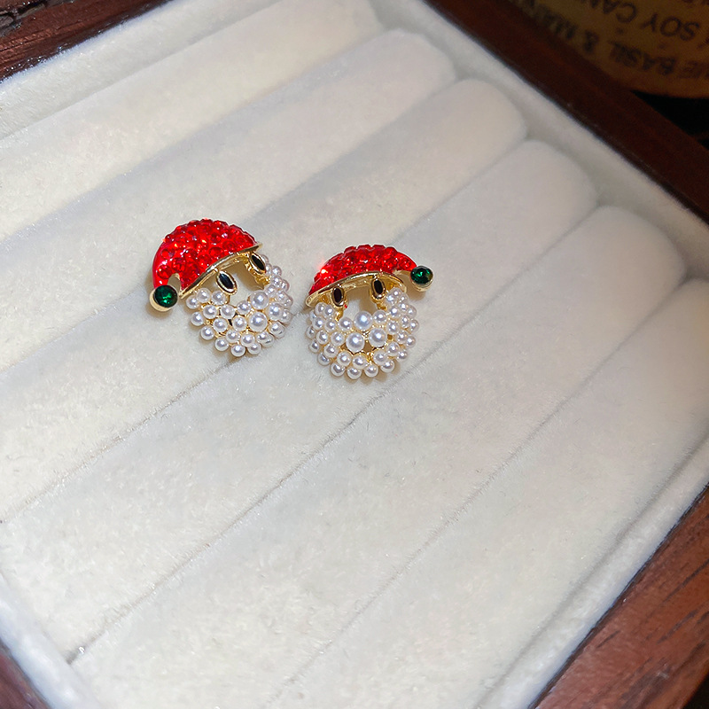 Cute Santa Claus Copper Gold Plated Artificial Pearls Rhinestones Ear Studs 1 Pair
