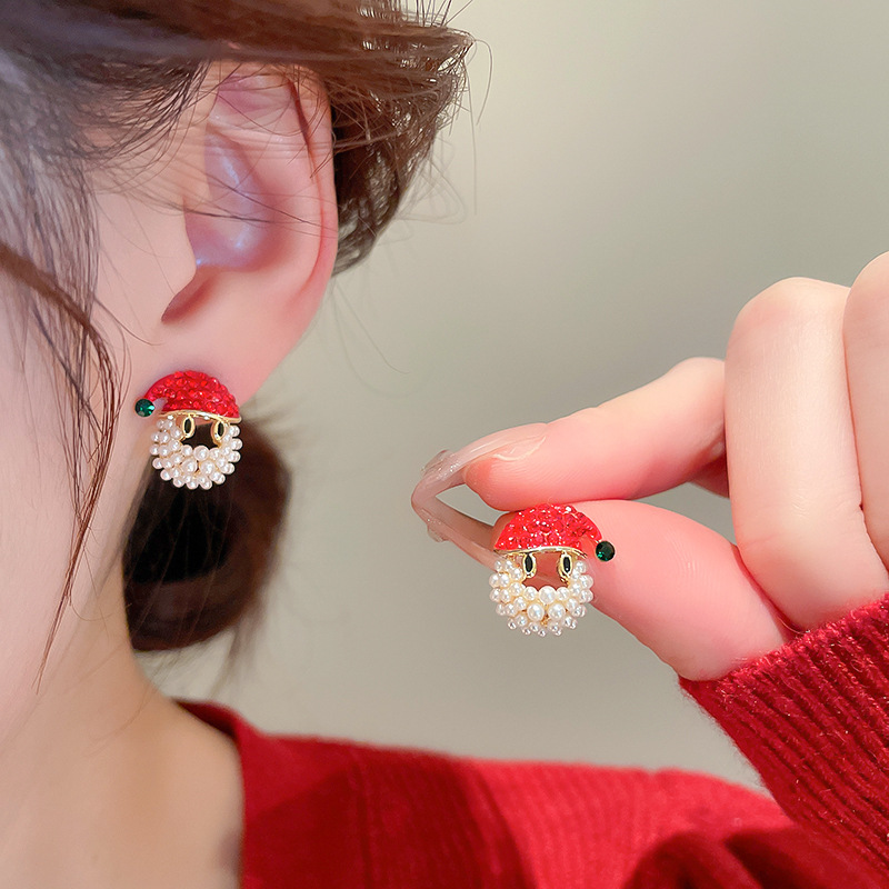 Cute Santa Claus Copper Gold Plated Artificial Pearls Rhinestones Ear Studs 1 Pair