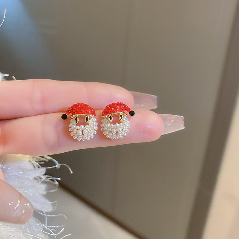 Cute Santa Claus Copper Gold Plated Artificial Pearls Rhinestones Ear Studs 1 Pair