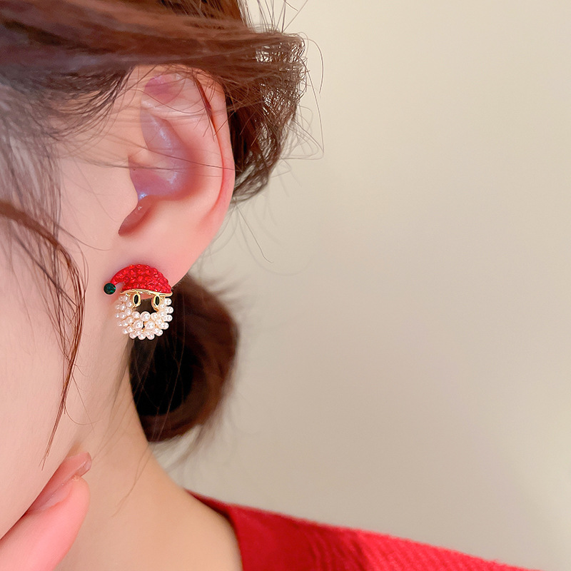 Cute Santa Claus Copper Gold Plated Artificial Pearls Rhinestones Ear Studs 1 Pair