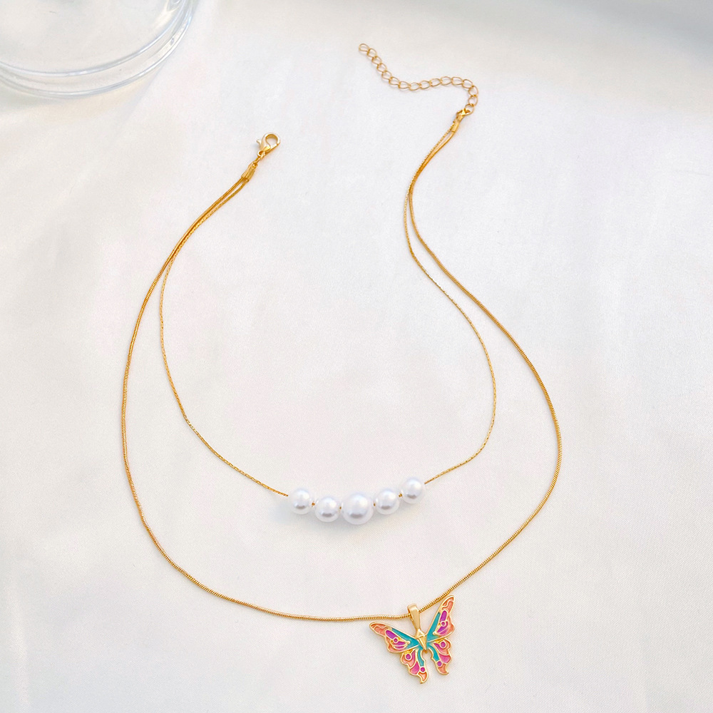 Fashion Butterfly Alloy Enamel Plating Artificial Pearls Womenu0027S Layered Necklaces 1 Piece