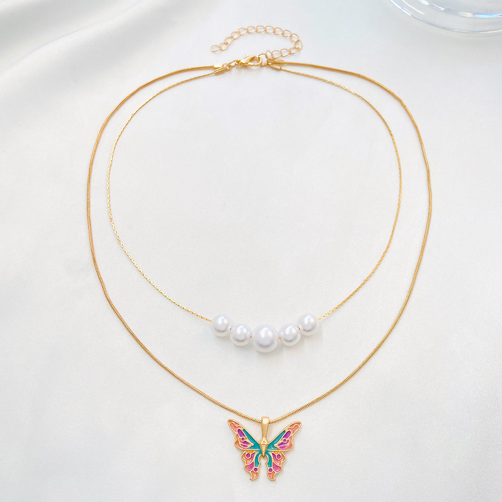 Fashion Butterfly Alloy Enamel Plating Artificial Pearls Womenu0027S Layered Necklaces 1 Piece