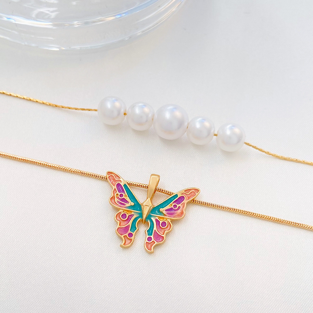 Fashion Butterfly Alloy Enamel Plating Artificial Pearls Womenu0027S Layered Necklaces 1 Piece