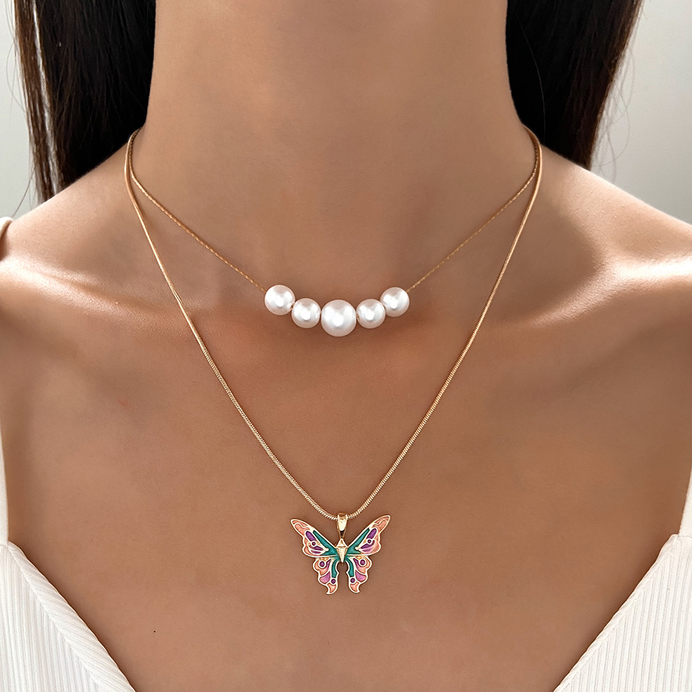 Fashion Butterfly Alloy Enamel Plating Artificial Pearls Womenu0027S Layered Necklaces 1 Piece