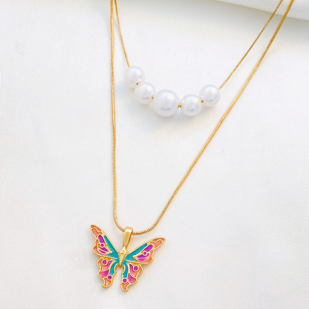 Fashion Butterfly Alloy Enamel Plating Artificial Pearls Womenu0027S Layered Necklaces 1 Piece