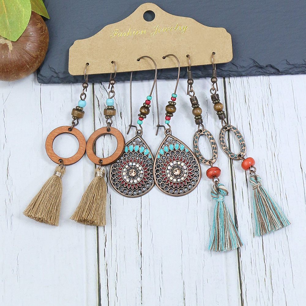 Ethnic Style Round Alloy Tassel Womenu0027S Drop Earrings 3 Piece Set