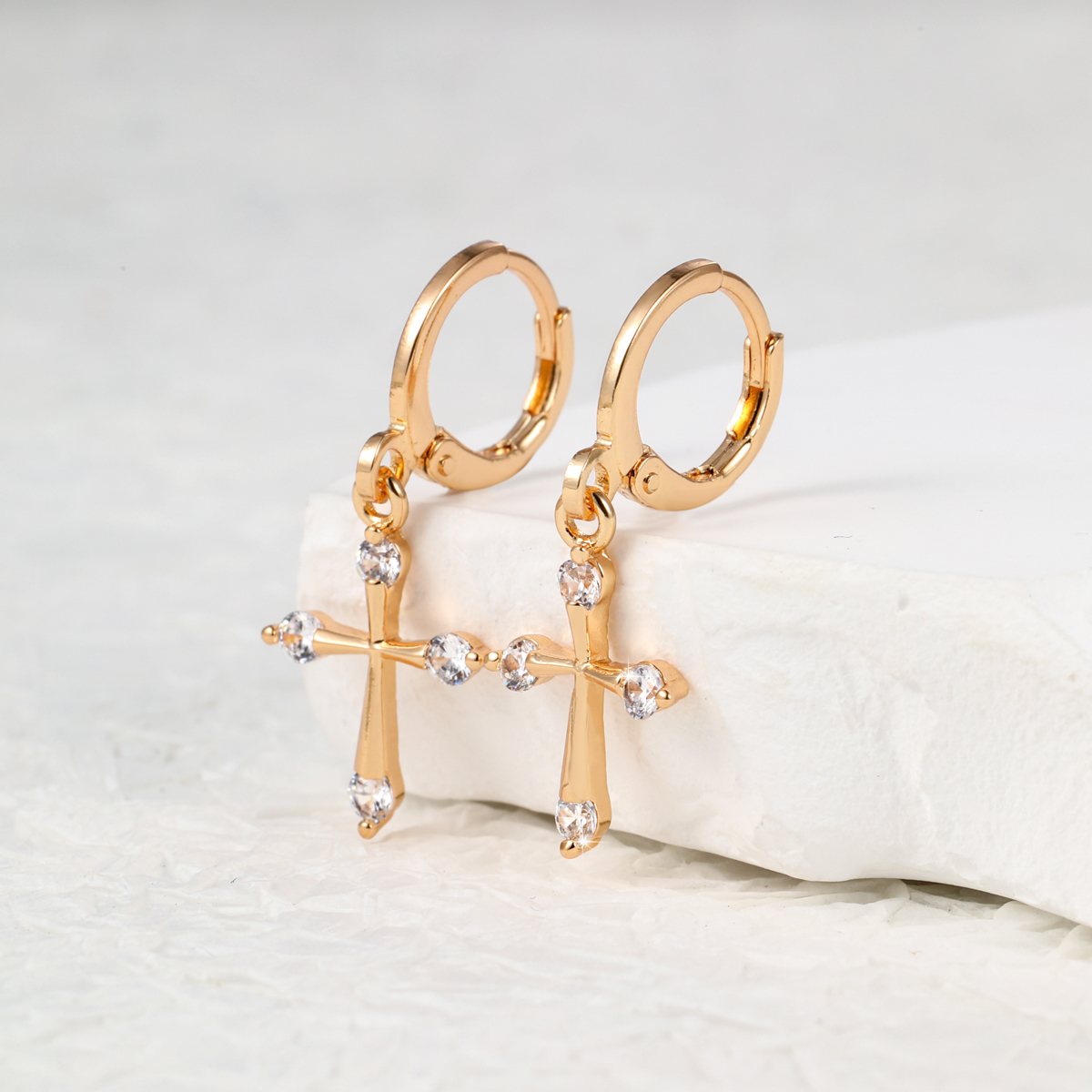 Fashion Cross Copper Gold Plated Zircon Drop Earrings 1 Pair