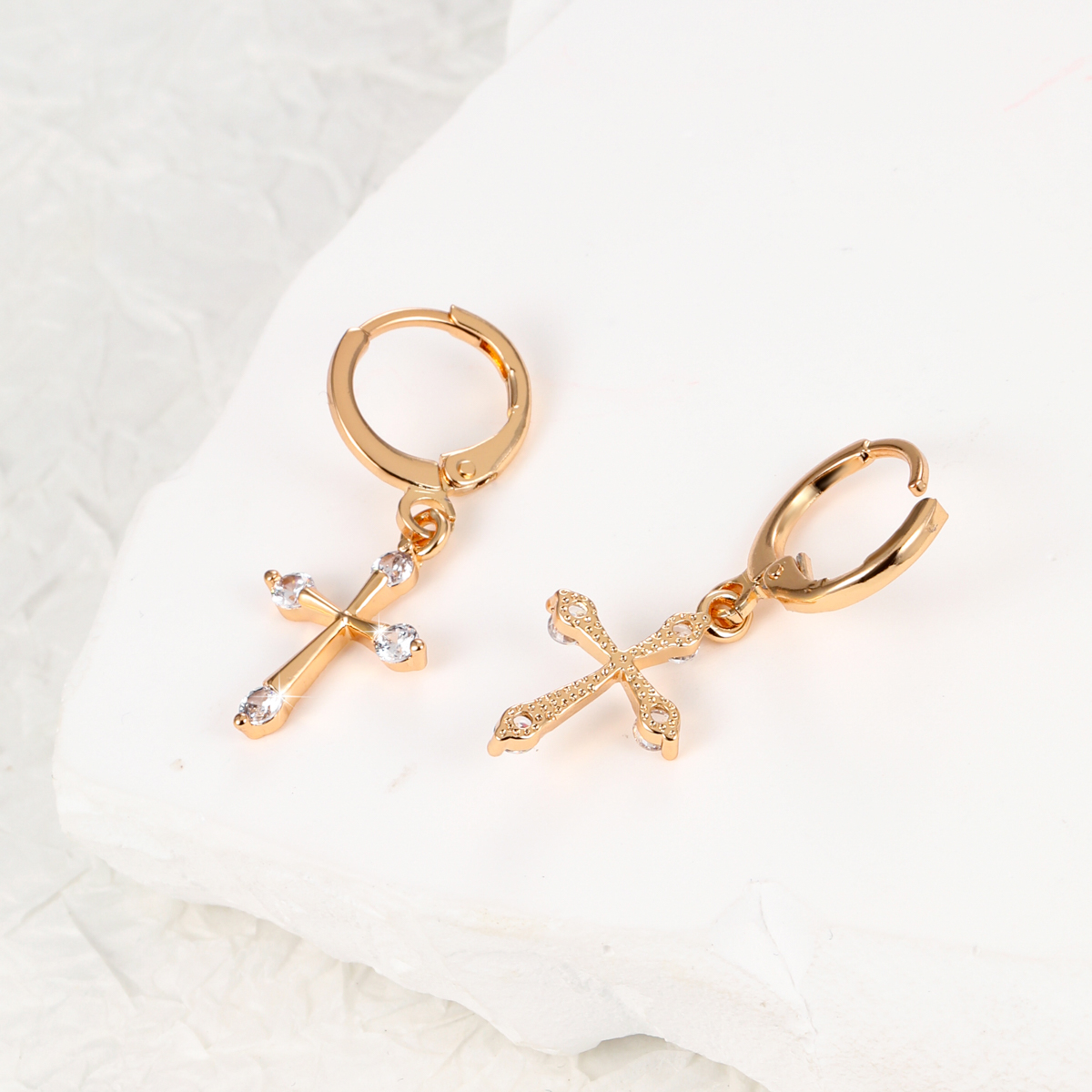 Fashion Cross Copper Gold Plated Zircon Drop Earrings 1 Pair