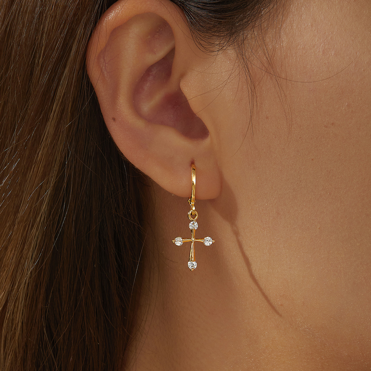 Fashion Cross Copper Gold Plated Zircon Drop Earrings 1 Pair