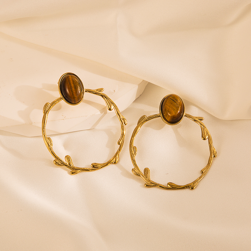 Fashion Round Stainless Steel Gold Plated Inlay Natural Stone Ear Studs 1 Pair