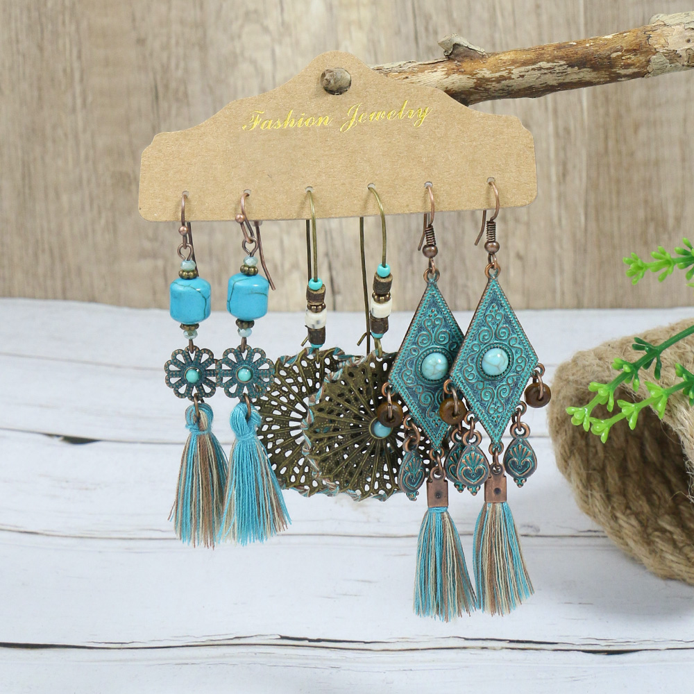 Ethnic Style Leaf Water Droplets Tassel Alloy Inlay Artificial Gemstones Turquoise Womenu0027S Earri