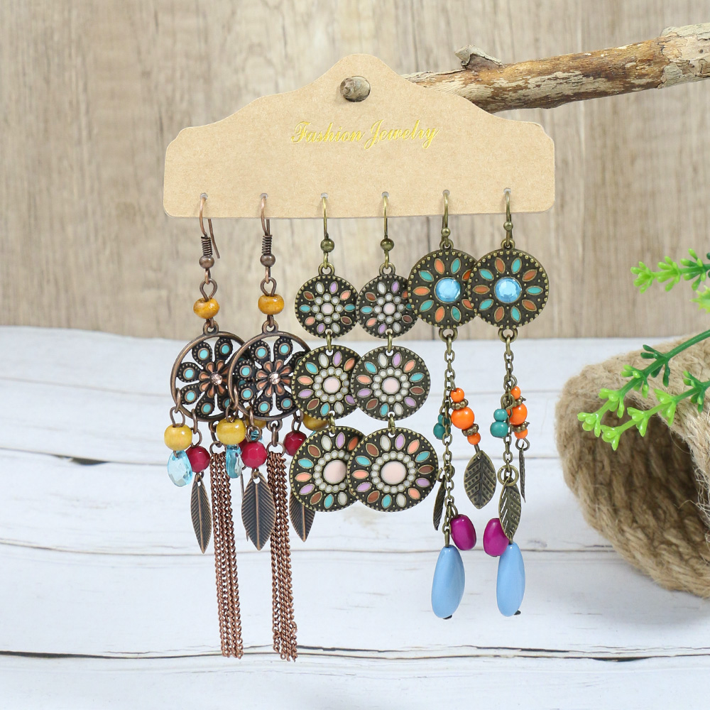 Ethnic Style Leaf Water Droplets Tassel Alloy Inlay Artificial Gemstones Turquoise Womenu0027S Earri