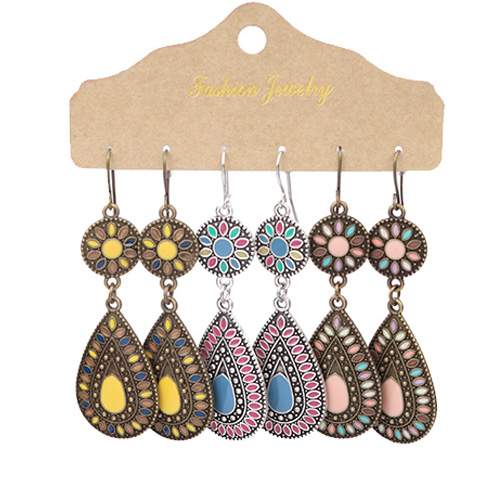 Ethnic Style Round Water Droplets Flower Alloy Enamel Turquoise Womenu0027S Drop Earrings 1 Set