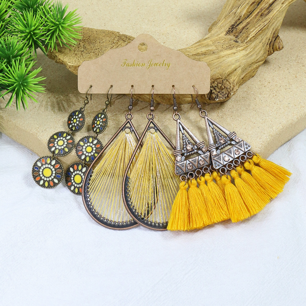 Ethnic Style Water Droplets Tassel Flower Alloy Inlay Turquoise Womenu0027S Earrings 1 Set