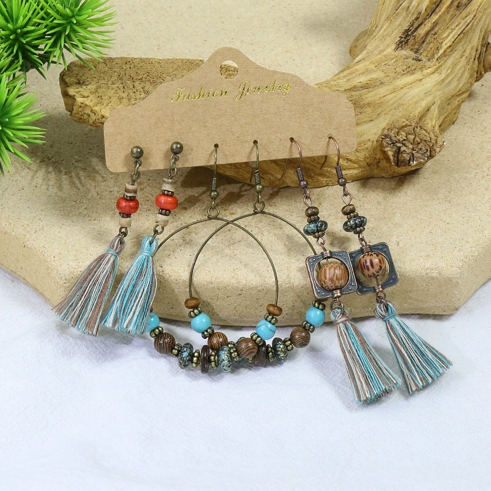 Ethnic Style Water Droplets Tassel Flower Alloy Inlay Turquoise Womenu0027S Earrings 1 Set