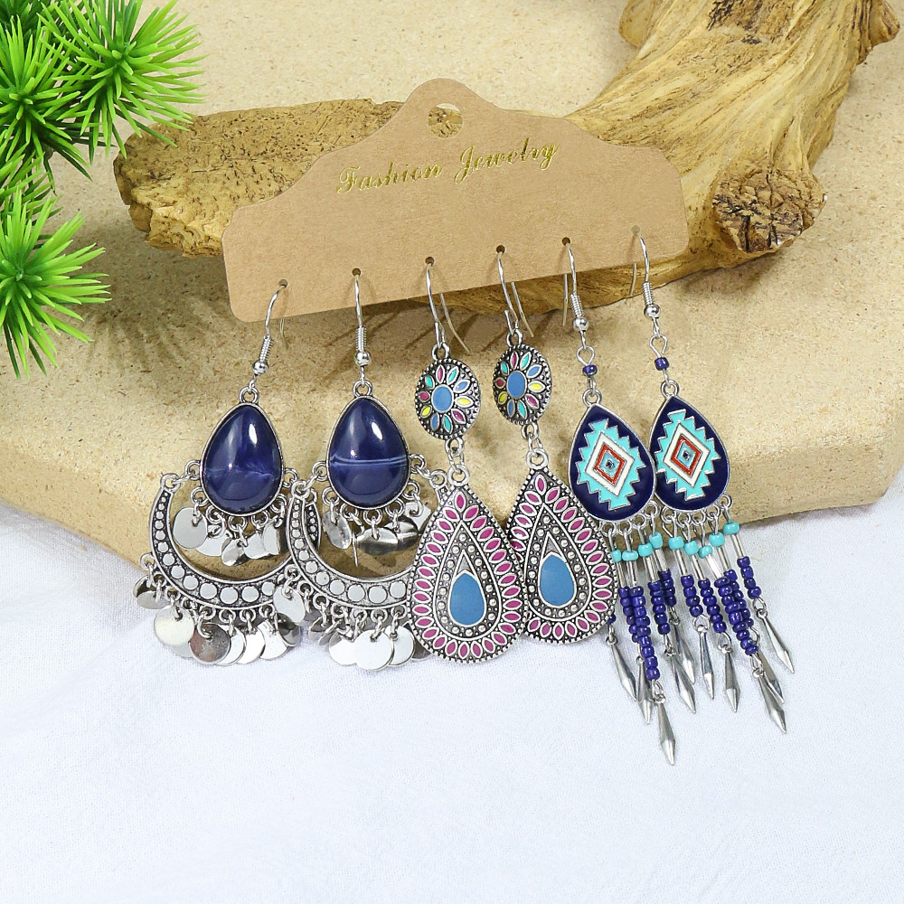 Ethnic Style Water Droplets Tassel Flower Alloy Inlay Turquoise Womenu0027S Earrings 1 Set