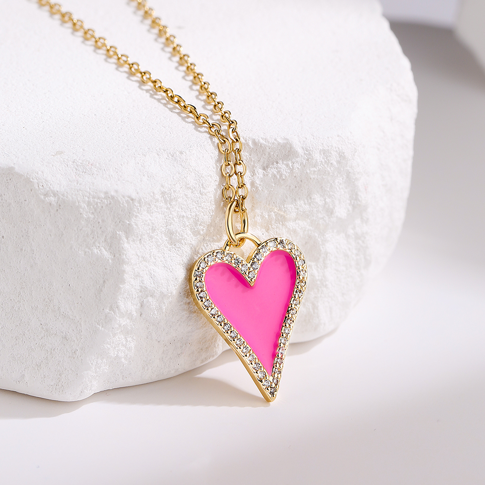 Fashion Heart Shape Copper Enamel Gold Plated Zircon Pendant Necklace 1 Piece