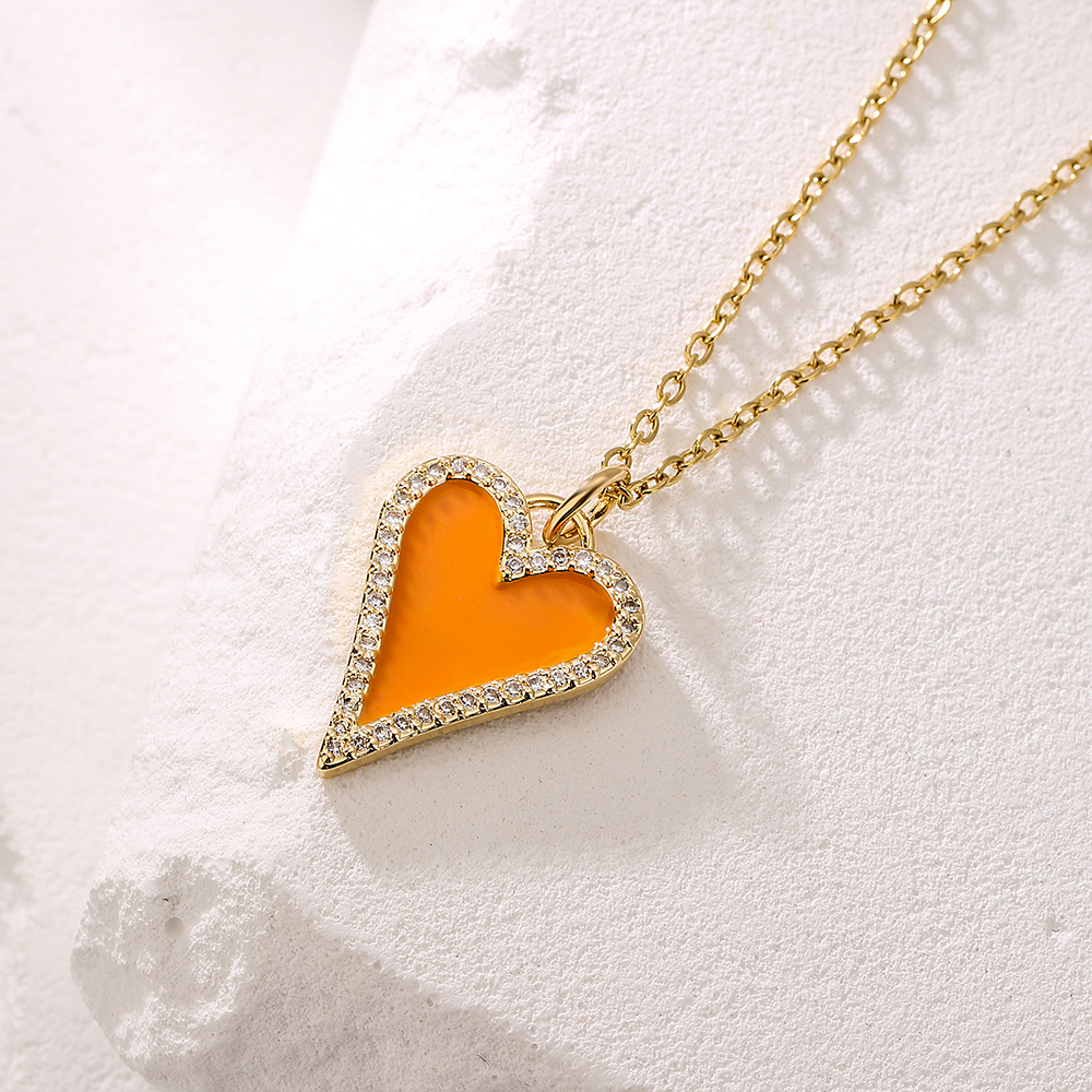 Fashion Heart Shape Copper Enamel Gold Plated Zircon Pendant Necklace 1 Piece