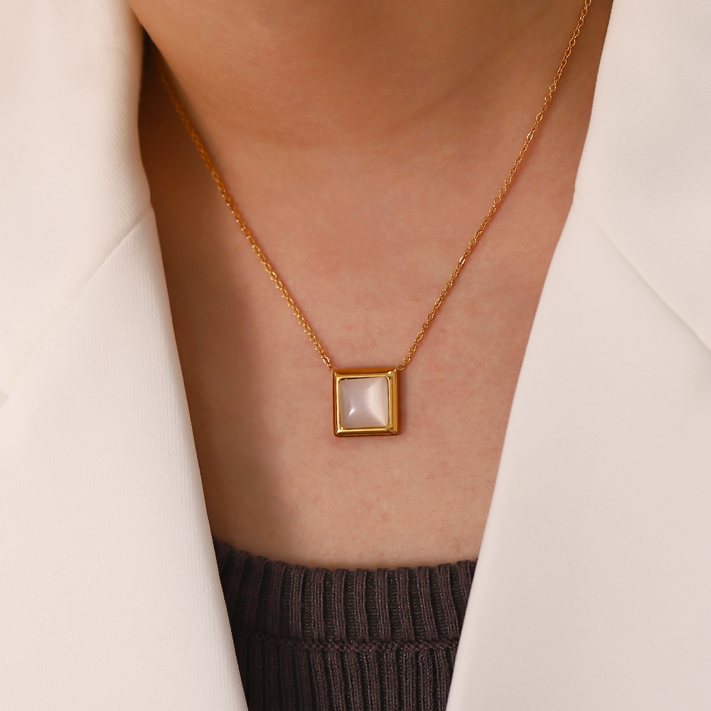 Vintage Style Square Stainless Steel Inlay Opal Necklace 1 Piece