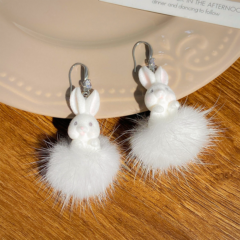 Cute Rabbit Resin Plush Inlay Rhinestones Womenu0027S Drop Earrings 1 Pair