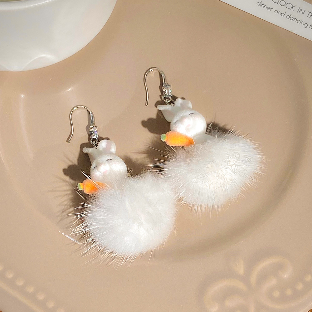 Cute Rabbit Resin Plush Inlay Rhinestones Womenu0027S Drop Earrings 1 Pair