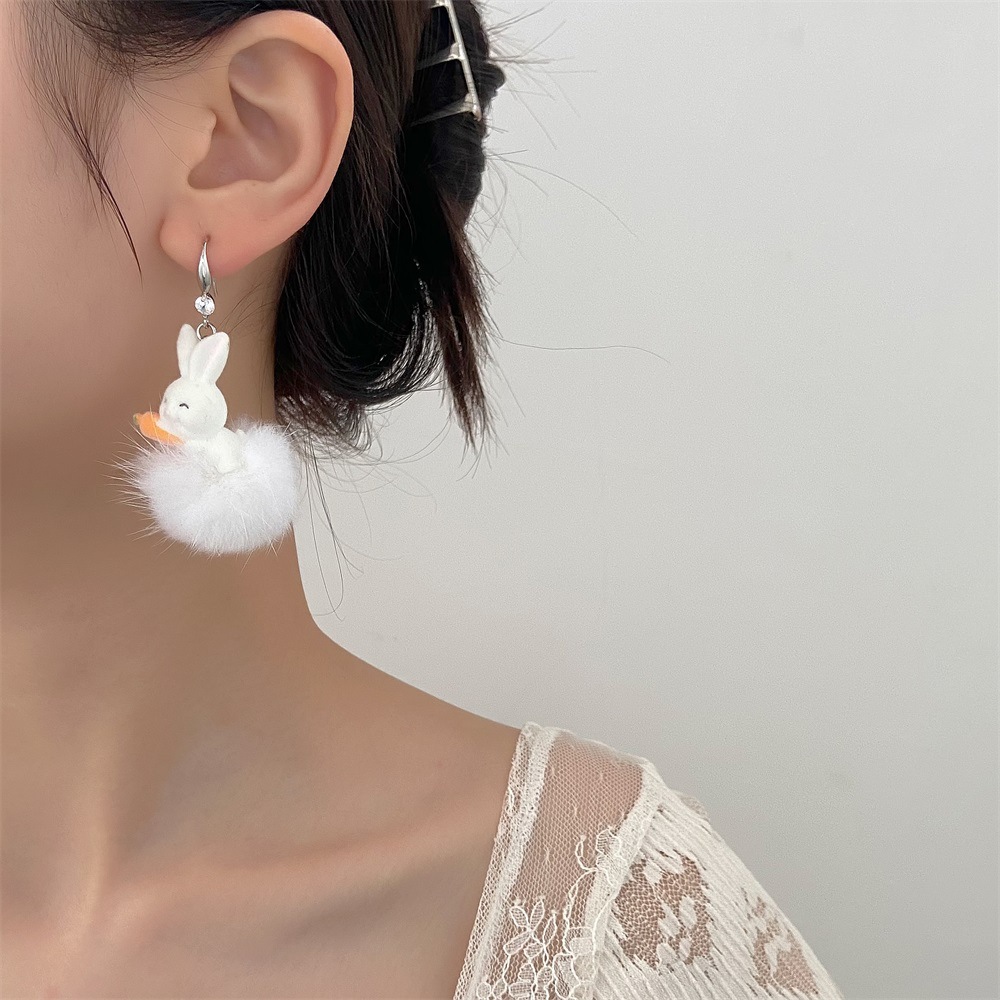 Cute Rabbit Resin Plush Inlay Rhinestones Womenu0027S Drop Earrings 1 Pair