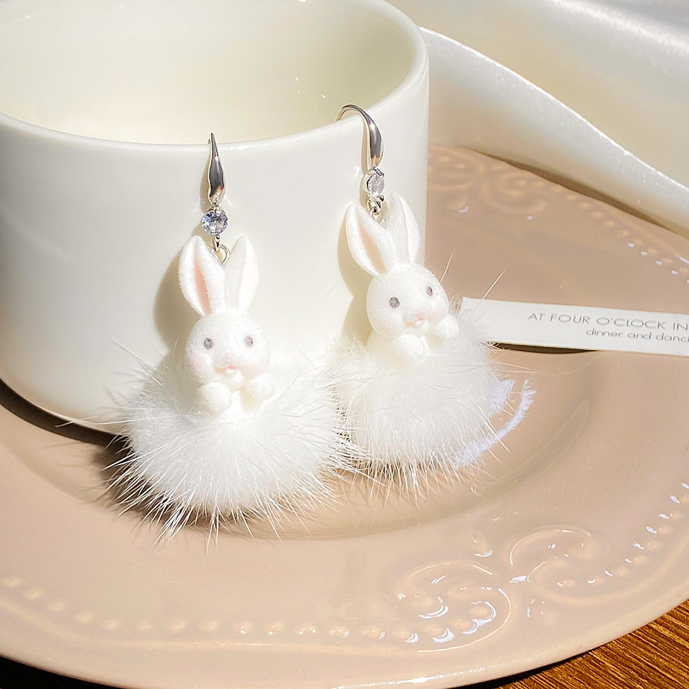 Cute Rabbit Resin Plush Inlay Rhinestones Womenu0027S Drop Earrings 1 Pair