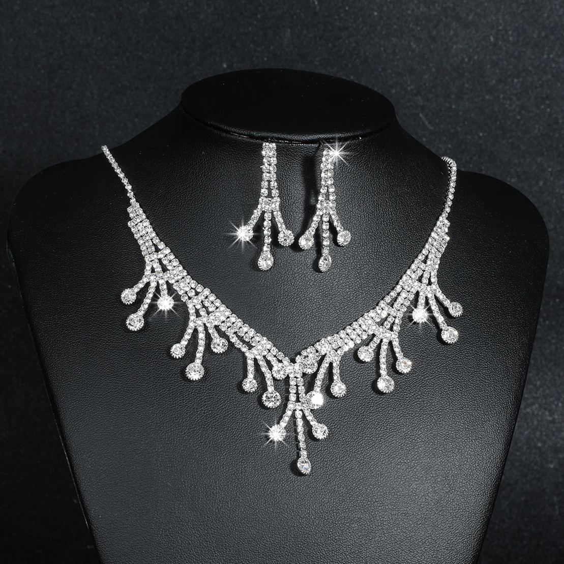 Fashion Water Droplets Tassel Flower Artificial Crystal Metal Inlay Rhinestones Earrings Necklace 1 