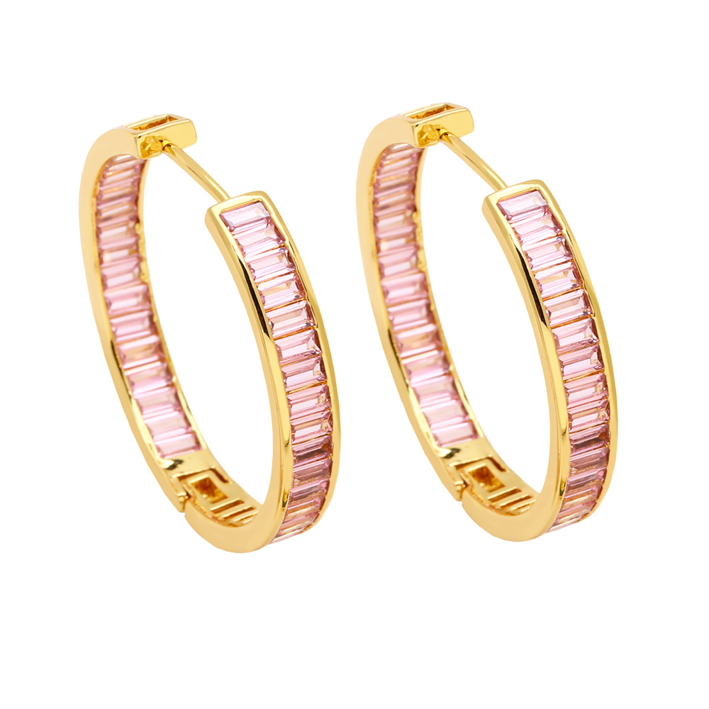 Hip-Hop Circle Copper Gold Plated Zircon Hoop Earrings 1 Pair