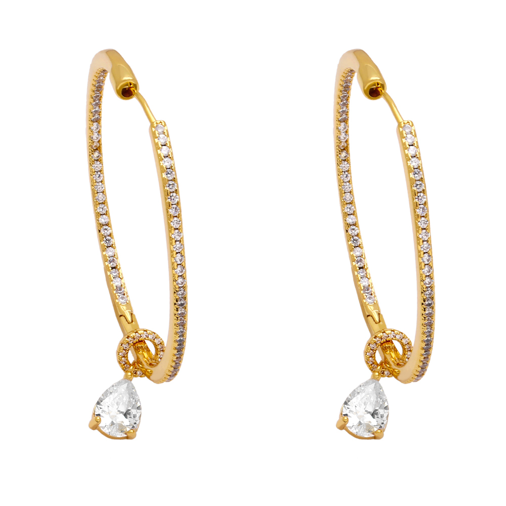 Hip-Hop Circle Water Droplets Copper Gold Plated Zircon Earrings 1 Pair