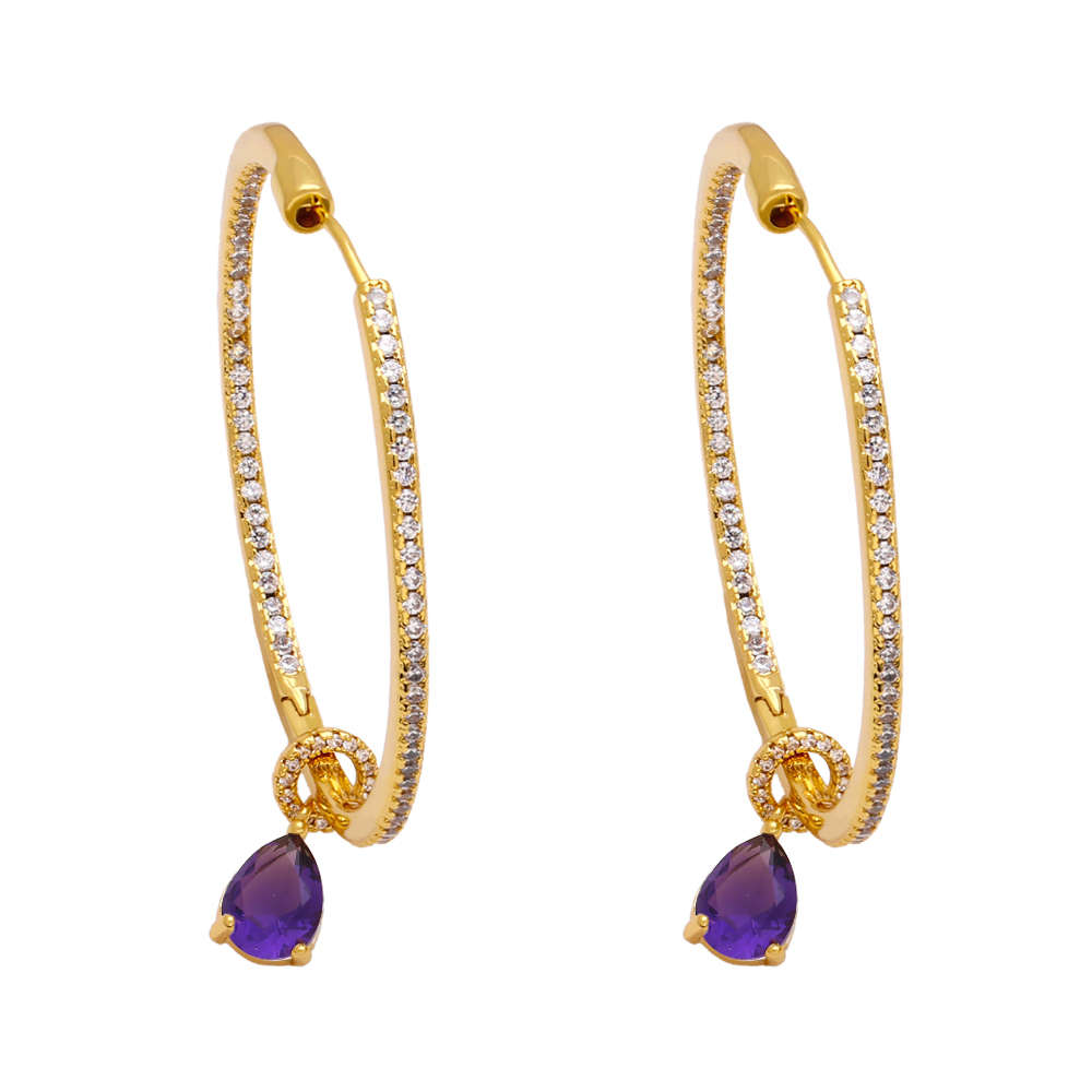 Hip-Hop Circle Water Droplets Copper Gold Plated Zircon Earrings 1 Pair