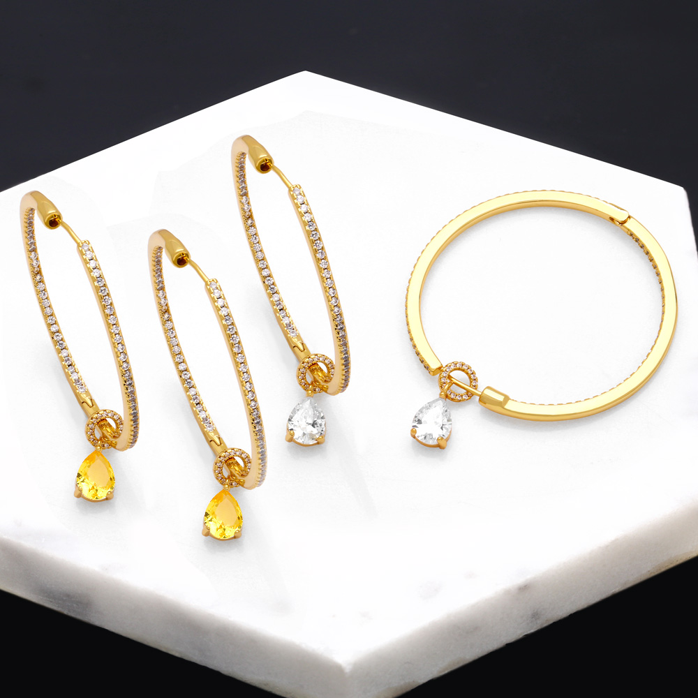 Hip-Hop Circle Water Droplets Copper Gold Plated Zircon Earrings 1 Pair