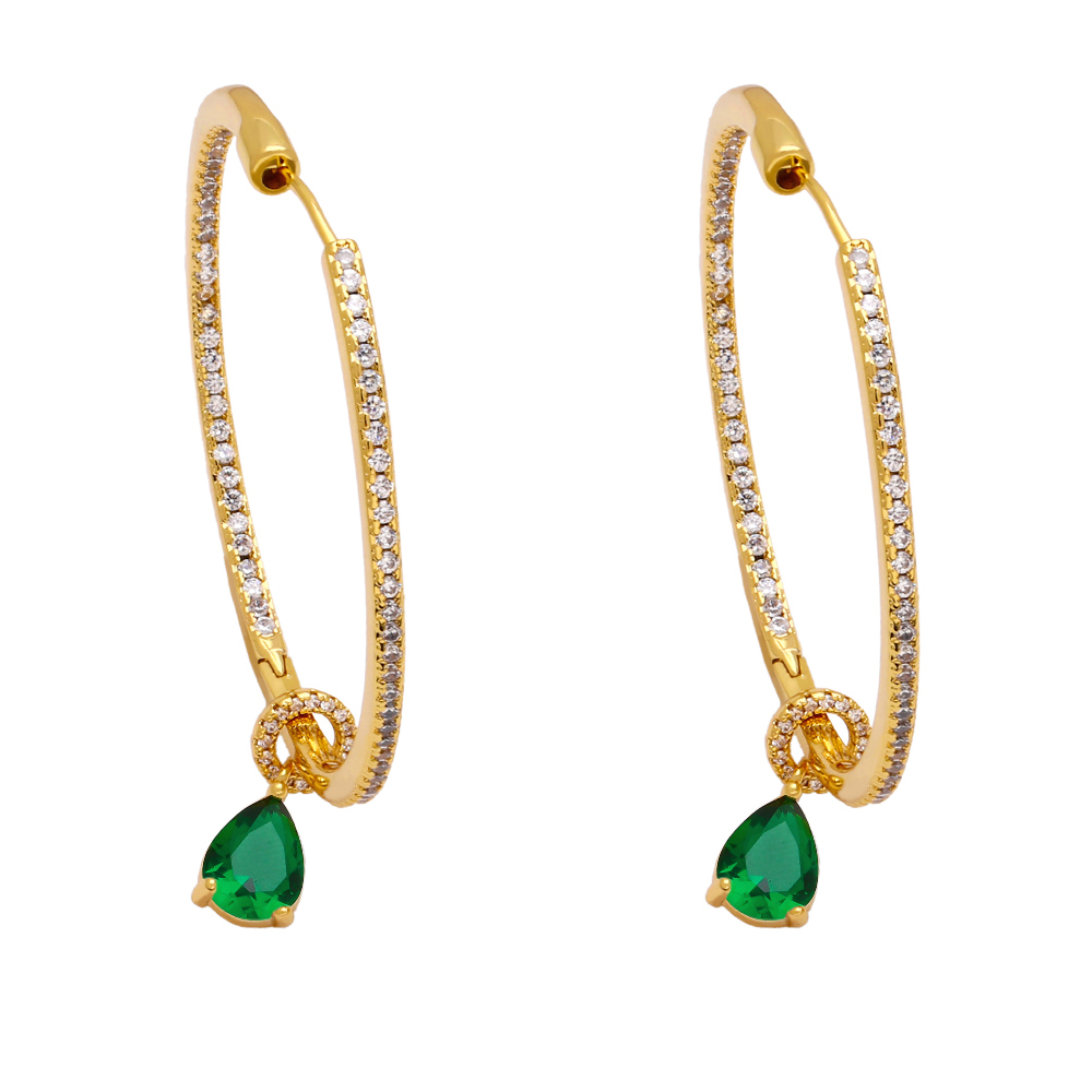 Hip-Hop Circle Water Droplets Copper Gold Plated Zircon Earrings 1 Pair