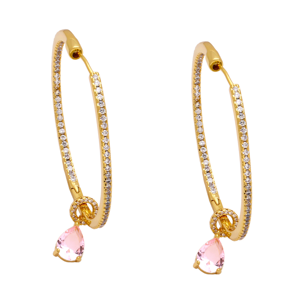 Hip-Hop Circle Water Droplets Copper Gold Plated Zircon Earrings 1 Pair