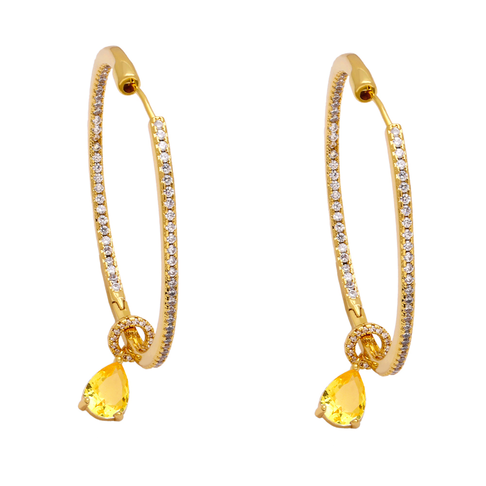 Hip-Hop Circle Water Droplets Copper Gold Plated Zircon Earrings 1 Pair