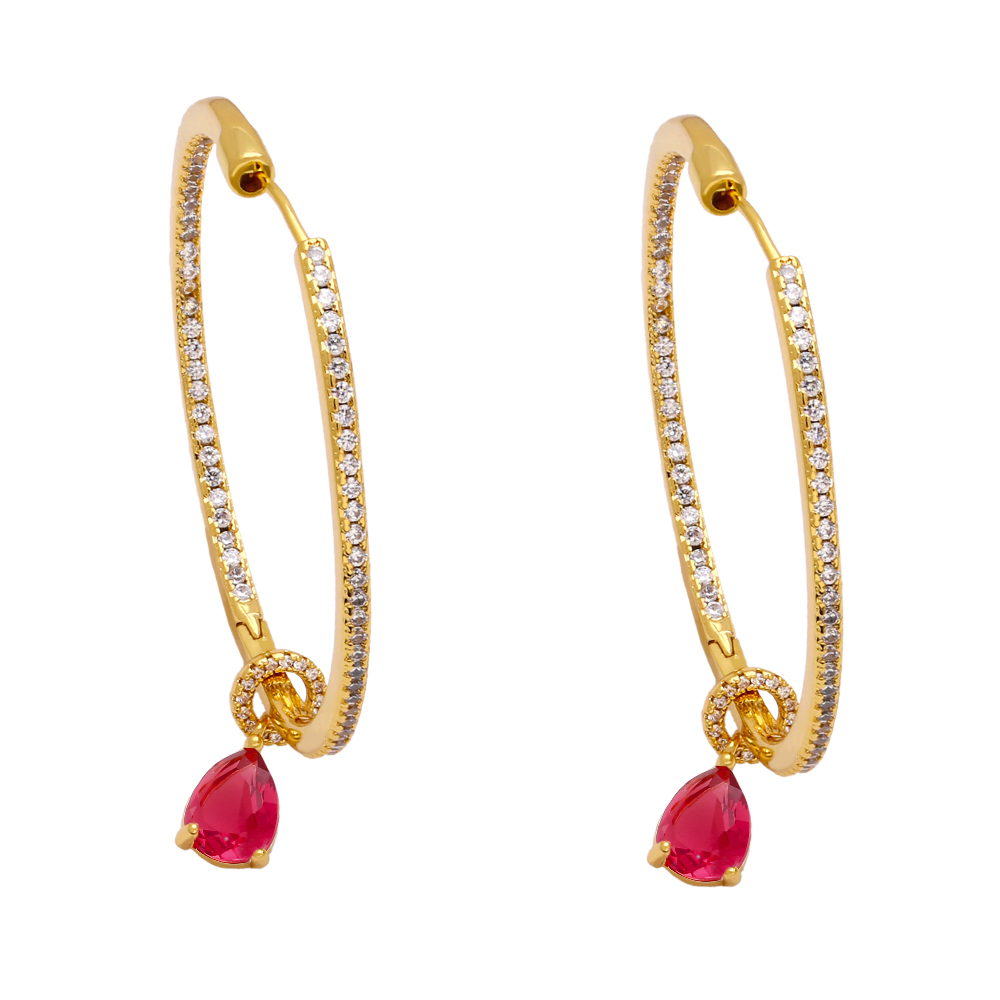 Hip-Hop Circle Water Droplets Copper Gold Plated Zircon Earrings 1 Pair