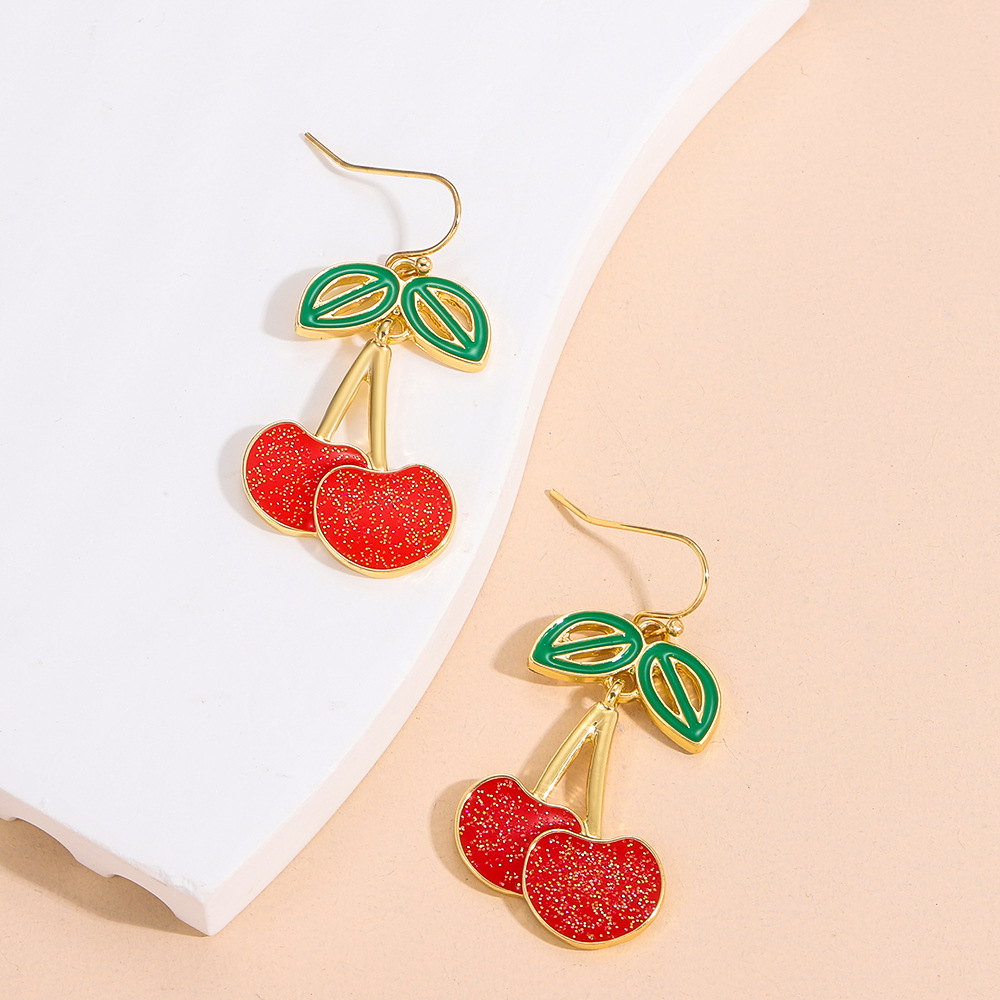 Fashion Cherry Alloy Enamel Hollow Out Womenu0027S Drop Earrings 1 Pair