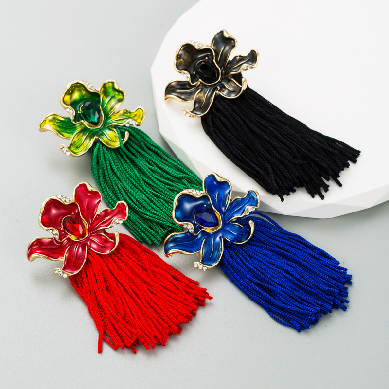 Ethnic Style Flower Alloy Tassel Enamel Rhinestones Womenu0027S Drop Earrings 1 Pair