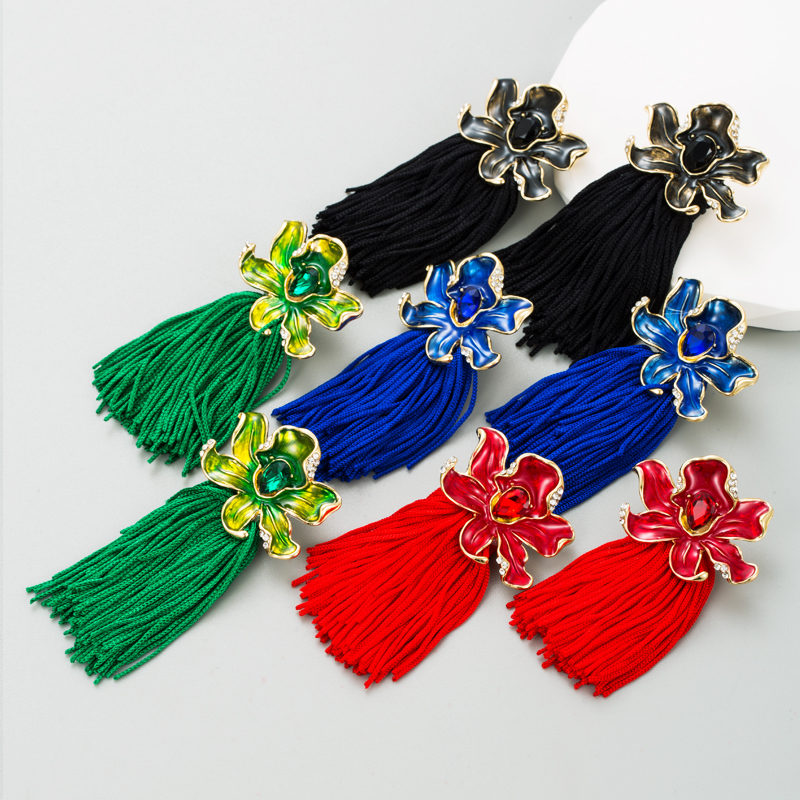 Ethnic Style Flower Alloy Tassel Enamel Rhinestones Womenu0027S Drop Earrings 1 Pair